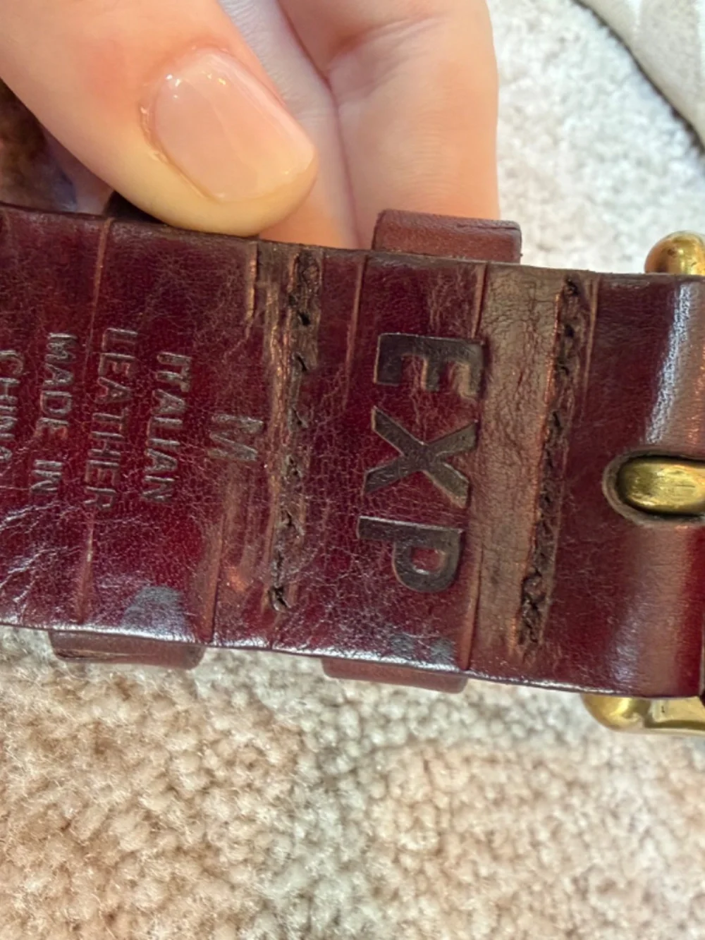Express EXP Burgundy Italian Leather Western Stitch Belt Brass Buckle Size M